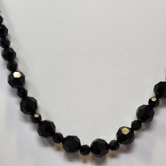 Black Faceted Glass Bead Strand Necklace Costume Jewelry Sterling 925 Clasp - Picture 2 of 6